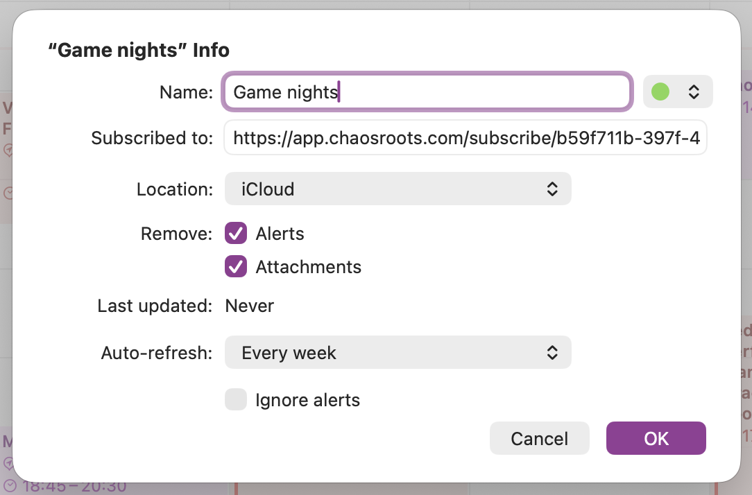 Screenshot of the apple calendar app adding a subscription to the shared calendar.